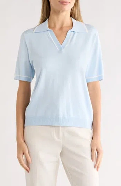 Gemma + Jane Tipped Johnny Collar Polo Sweater In Blue