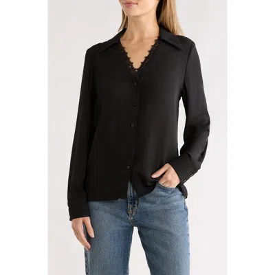 Gemma + Jane V-neck Lace Trim Button-up Shirt In Black