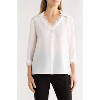 Gemma + Jane V-neck Lace Trim Button-up Shirt In White