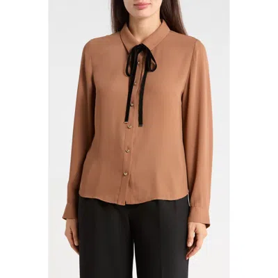 Gemma + Jane Velvet Tie Neck Georgette Shirt In Brown