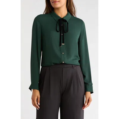 Gemma + Jane Velvet Tie Neck Georgette Shirt In Green