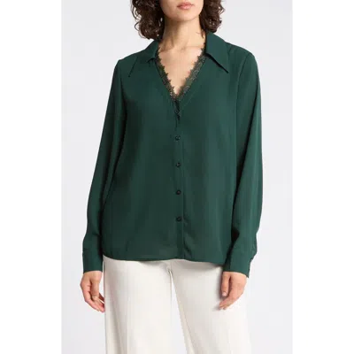 Gemma + Jane V-neck Lace Trim Button-up Shirt In Emerald Green
