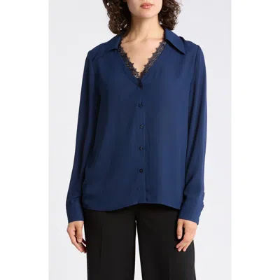 Gemma + Jane V-neck Lace Trim Button-up Shirt In Navy