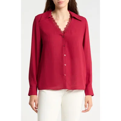 Gemma + Jane V-neck Lace Trim Button-up Shirt In Red Wine