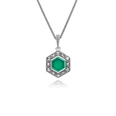 Gemondo Women's Green Art Deco Style Hexagon Chalcedony & Marcasite Pendant Necklace In Sterling Silver