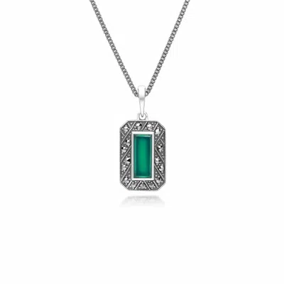 Gemondo Women's Green Art Deco Style Rectangle Chalcedony & Marcasite Pendant Necklace In Sterling Silver