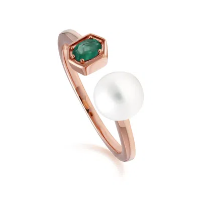 Gemondo Women's Green Pearl & Emerald Open Ring In Rose Gold Plated Sterling Silver In Pink