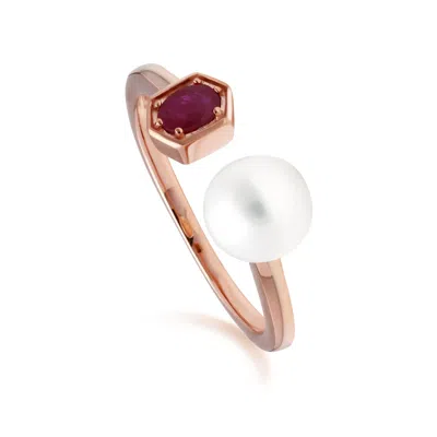 Gemondo Women's Red Pearl & Ruby Open Ring In Rose Gold Plated Sterling Silver
