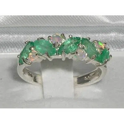 Pre-owned Gems Of America 10k White Gold Natural Emerald & Opal Womens Eternity Ring - Sizes 4 To 12 In Green
