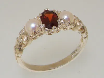 Pre-owned Gems Of America 10k White Gold Natural Garnet & Pearl Womens Trilogy Ring - Sizes 4 To 12 In Red