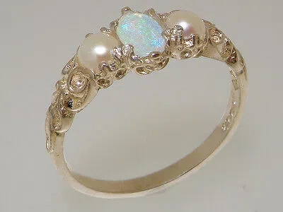 Pre-owned Gems Of America 10k White Gold Natural Opal & Cultured Pearl Womens Trilogy Ring - Sizes 4 To 12 In Multicolor