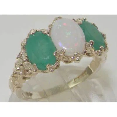 Pre-owned Gems Of America 10k White Gold Natural Opal & Emerald Womens Trilogy Ring - Sizes 4 To 12 In Multicolor