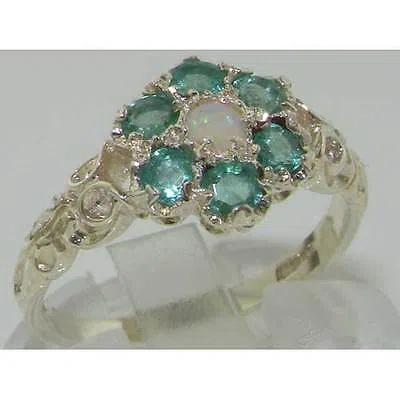 Pre-owned Gems Of America 10k White Gold Natural Opal & Emerald Womens Vintage Daisy Ring - Sizes 4 To 12 In Multicolor