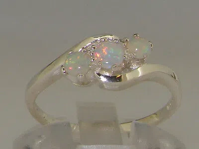 Pre-owned Gems Of America 10k White Gold Natural Opal Womens Trilogy Ring - Sizes 4 To 12 In Multicolor