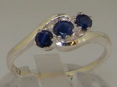 Pre-owned Gems Of America 10k White Gold Natural Sapphire Womens Trilogy Ring - Sizes 4 To 12 In Blue