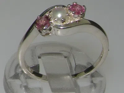 Pre-owned Gems Of America 10k White Gold Pearl & Pink Tourmaline Womens Trilogy Ring - Sizes 4 To 12