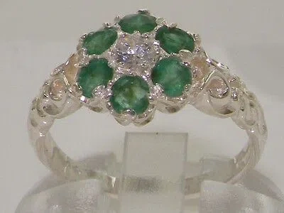 Pre-owned Gems Of America 10k White Gold Real Diamond & Emerald Womens Vintage Daisy Ring - Sizes 4 To 12