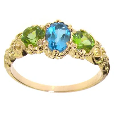 Pre-owned Gems Of America 10k Yellow Gold Natural Blue Topaz & Peridot Womens Trilogy Ring - Sizes 4 To 12