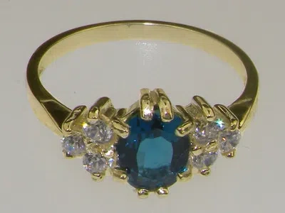 Pre-owned Gems Of America 10k Yellow Gold Natural London Blue Topaz And Diamond Classic Ring- Size 4 To 12