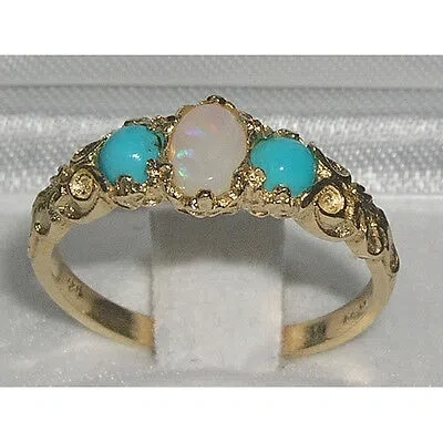 Pre-owned Gems Of America 10k Yellow Gold Natural Opal & Turquoise Womens Trilogy Ring - Sizes 4 To 12