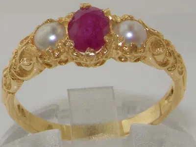 Pre-owned Gems Of America 10k Yellow Gold Natural Ruby & Cultured Pearl Womens Trilogy Ring - Size 4 To 12 In Red