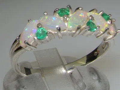 Pre-owned Gems Of America 925 Sterling Silver Natural Opal & Emerald Womens Eternity Ring - Sizes 4 To 12 In Multicolor