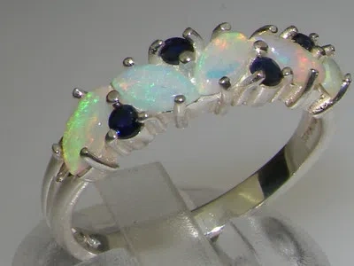 Pre-owned Gems Of America 925 Sterling Silver Natural Opal & Sapphire Womens Eternity Ring - Sizes 4 To 12 In Multicolor