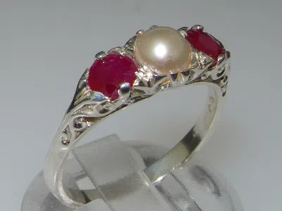 Pre-owned Gems Of America Luxury Solid 10k White Gold Natural Ruby And Cultured Pearl Trilogy Ring