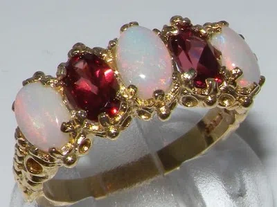 Pre-owned Gems Of America Solid 10k .417 Yellow Gold Natural Opal & Garnet Womens Band Ring - Size 4 To 12 In Multicolor