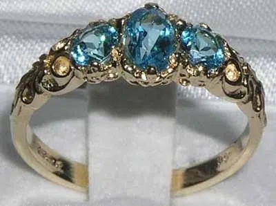 Pre-owned Gems Of America Solid 10k Yellow Gold Natural Blue Topaz Womens Trilogy Ring - Sizes 4 To 12