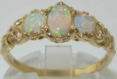 Pre-owned Gems Of America Solid 10k Yellow Gold Natural Opal Womens Trilogy Ring - Sizes 4 To 12 In Multicolor
