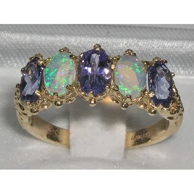 Pre-owned Gems Of America Solid 10k Yellow Gold Natural Tanzanite & Opal Womens Band Ring - Sizes 4 To 12 In Blue