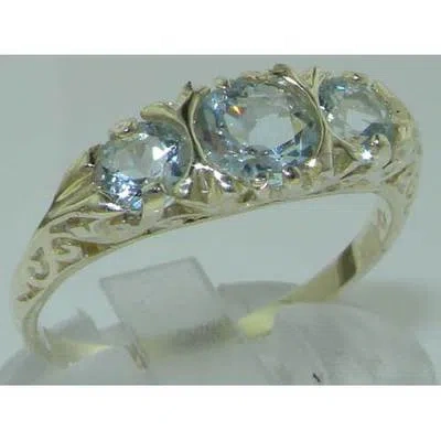 Pre-owned Gems Of America Vintage Style Solid 10k White Gold Natural Aquamarine Trilogy Ring In Blue