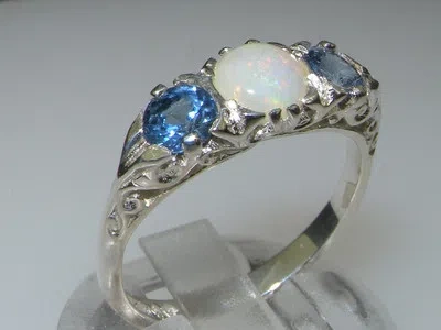 Pre-owned Gems Of America Vintage Style Solid 10k White Gold Natural Opal & Blue Sapphire Trilogy Ring In Multicolor