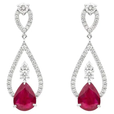 Pre-owned Gems Paradise Modern Style Pear Cut Ruby Earrings With Open Diamond Frame In 18k White Gold