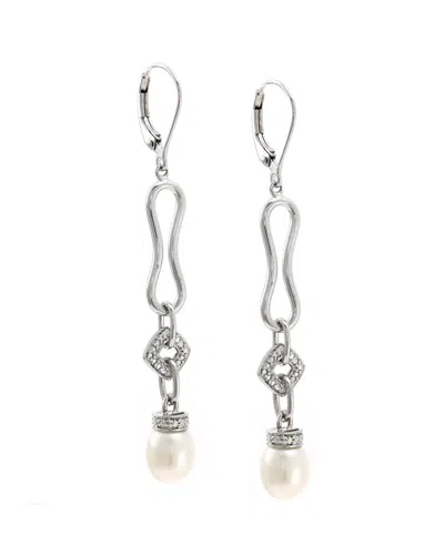 Gemstones 0.03 Ct. Tw. Diamond & 6.5-7.5mm Pearl Silver Earrings In Metallic