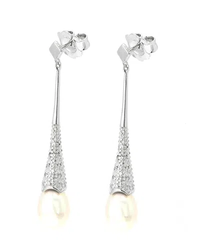 Gemstones 0.10 Ct. Tw. Diamond & 6.5-7.5mm Pearl Silver Earrings In Metallic