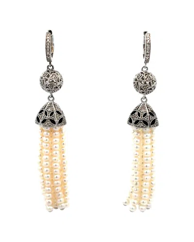 Gemstones 0.11 Ct. Tw. Diamond & 2mm Pearl Silver Earrings In Metallic
