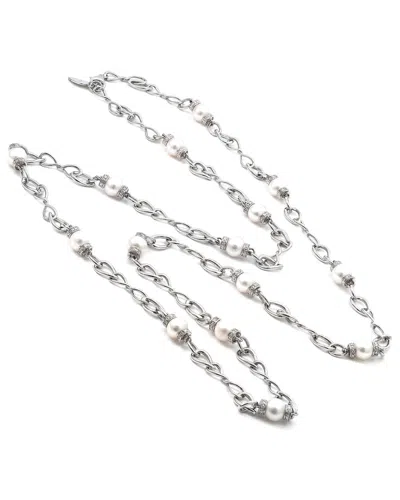 Gemstones 0.20 Ct. Tw. Diamond & 6-7mm Pearl Silver Necklace In Metallic