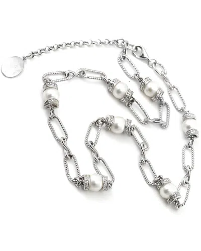 Gemstones Diamond Select Cuts Silver 0.12 Ct. Tw. Diamond 7-8mm Pearl Necklace In Metallic