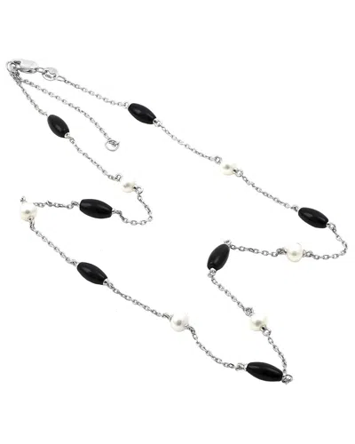 GEMSTONES ONYX 3-4MM PEARL SILVER NECKLACE