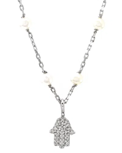 Gemstones Silver 0.07 Ct. Tw. Diamond 3-4mm Pearl Hamsa Necklace In Metallic