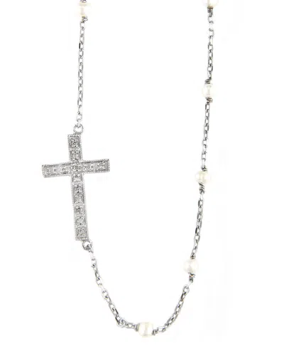 Gemstones Silver 0.08 Ct. Tw. Diamond 3-4mm Pearl Cross Necklace In Metallic