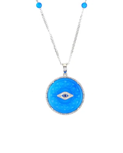 Gemstones Silver 0.11 Ct. Tw. Diamond & Blue Agate Evil Eye Necklace In Multi