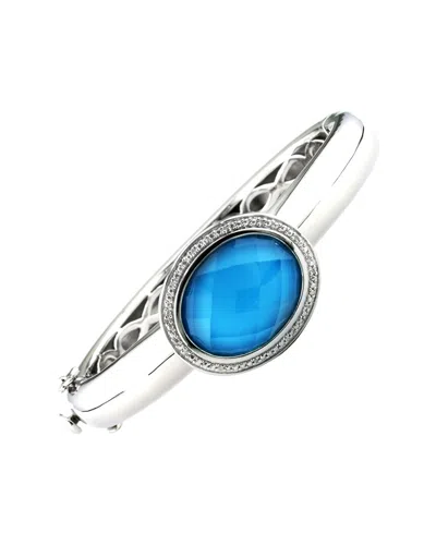 Gemstones Silver & Stainless Steel 0.04 Ct. Tw. Diamond & Turqoise Doublet Bangle Bracelet In Blue