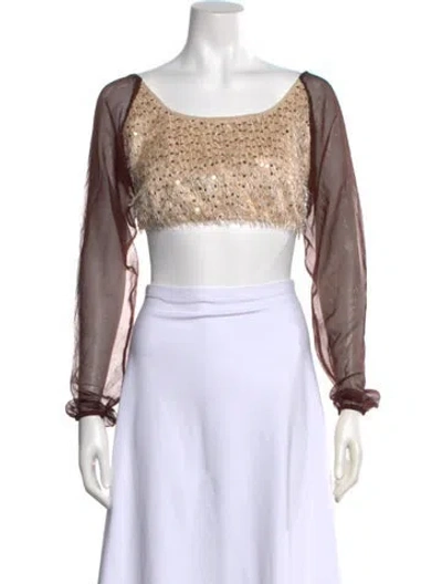 Pre-owned Gemsun Scoop Neck Long Sleeve Crop Top W/ Tags In Brown