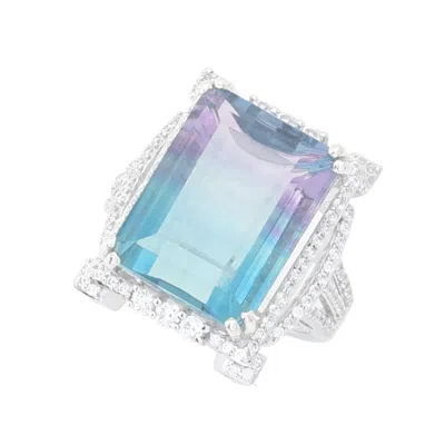 Gem-treasures Gem Treasures 14.17ctw Emerald Cut Bicolor Fluorite & Zircon Ring In Blue
