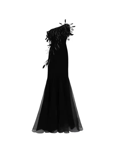 Gemy Maalouf Asymmetrical Feather Neckline Dress In Black