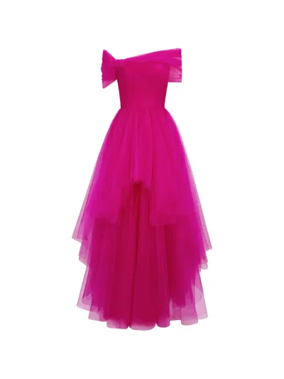 Gemy Maalouf Asymmetrical Tulle Maxi Dress In Pink