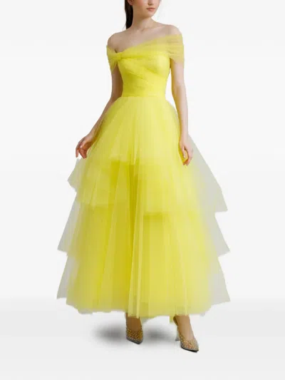 Gemy Maalouf Asymmetrical Tulle Maxi Dress In Yellow